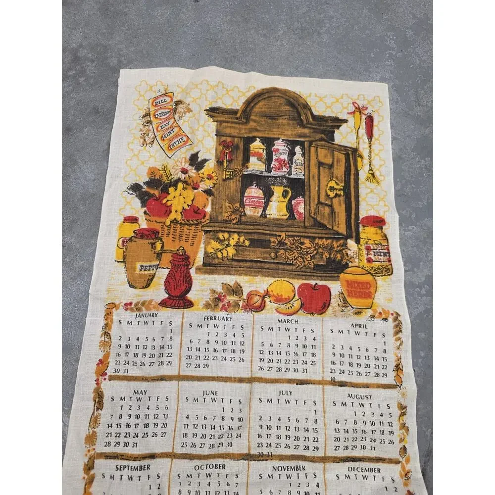 1972 Vintage Herbs Spices Linen Calendar Cottage Core Red Yellow Orange